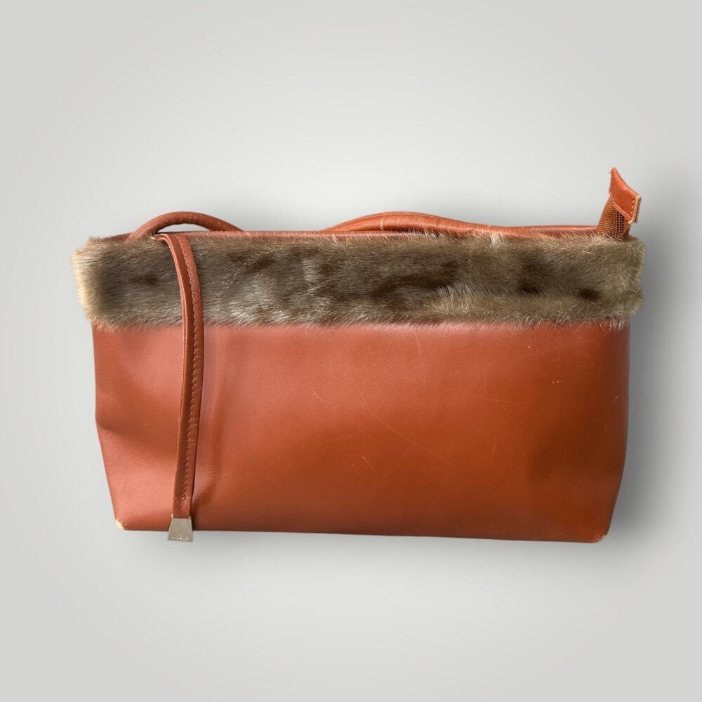 Vintage MINOBOSSI Italy Leather & Mink Fur Trim Crossbody Bag Brown Handmade